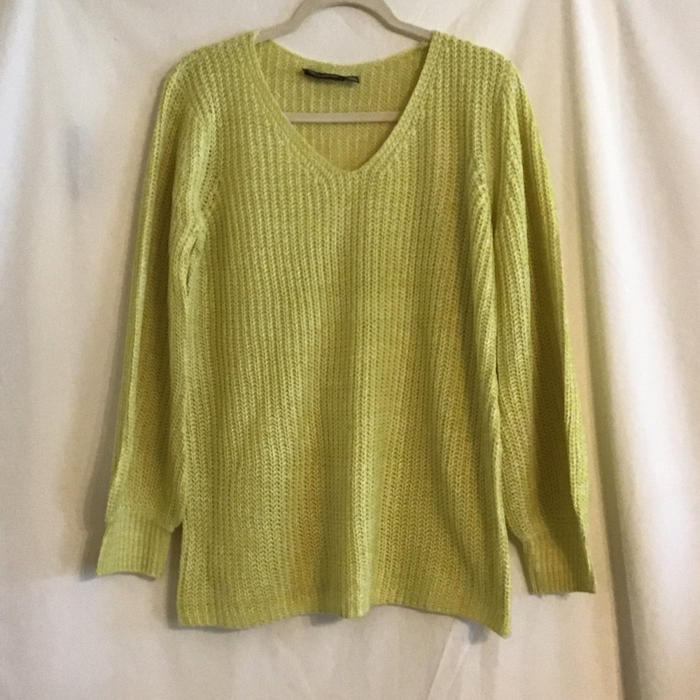 NINA LEONARD Chartreuse V-Neck Woven Long Sleeved Sweater NIP Size Large